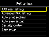 FAX settings screen: Select FAX user settings